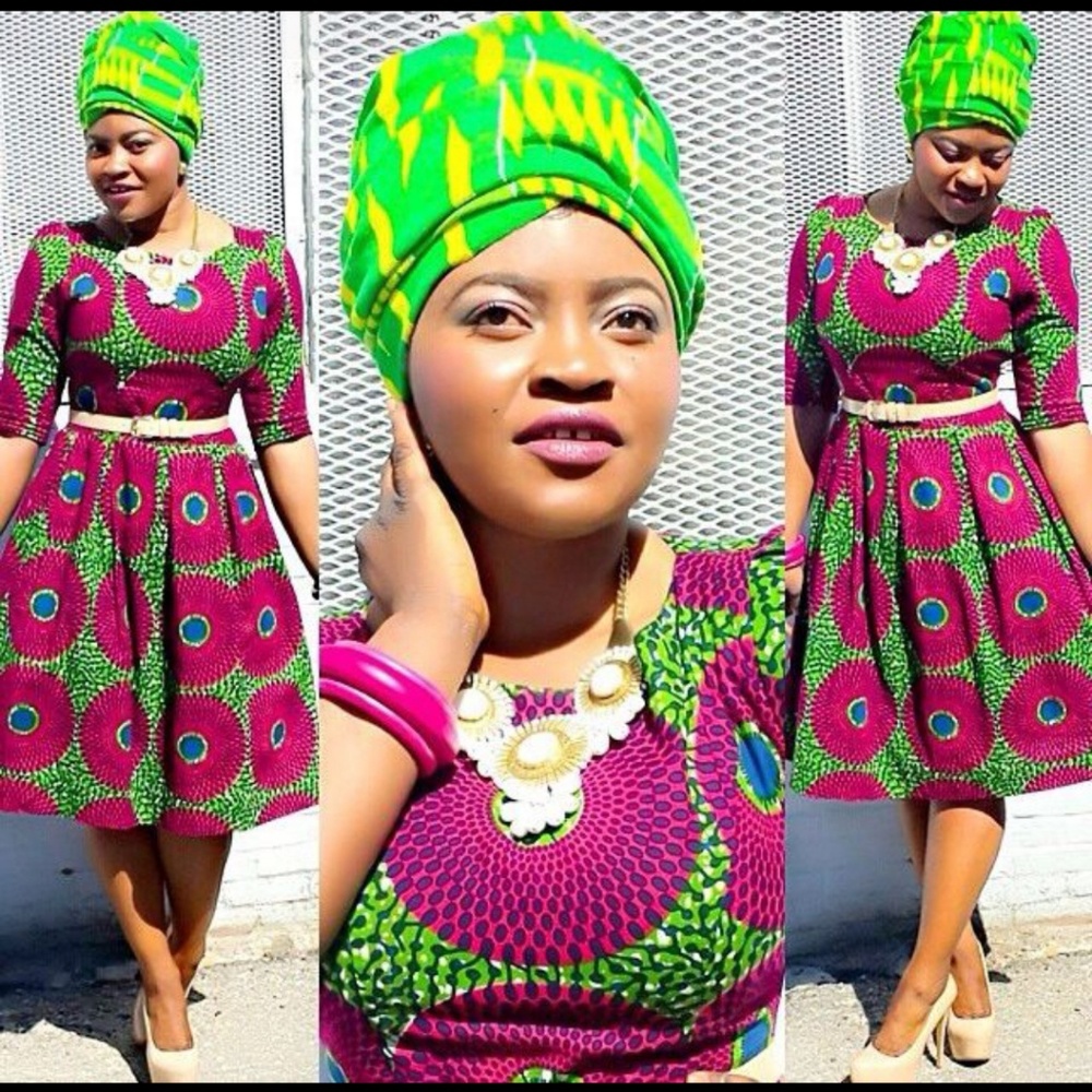 Purple and Green African Wax Print Dress with Sash